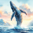 Watercolor illustration of a whale jumping into the sea. AI generated