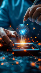 Poster - Innovative Professional Generating Ideas with Lightbulb Icon on Digital Interface Using Smartphone and Stylus