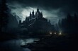 Haunted castle shrouded in darkness. Halloween holiday background