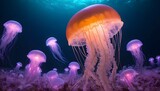 Fototapeta Uliczki - A Jellyfish In A Sea Of Glowing Creatures Upscaled 3