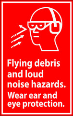 A warning sign depicting the necessity of wearing ear and eye protection due to flying debris and loud noise hazards.