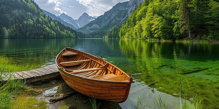 wooden boat on a mooring mountain lake. Wooden