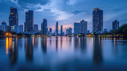 Wall Mural - An elegant evening city skyline, lights reflecting on a calm river, skyscrapers silhouetted against a twilight sky, capturing urban beauty. Resplendent.