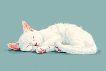 Cute white cat sleeping on the floor. Kitty asleep, relaxing. Flat vector illustration isolated on blue background