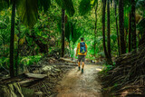 Fototapeta Zachód słońca - Man on a dirt path exploring the jungle