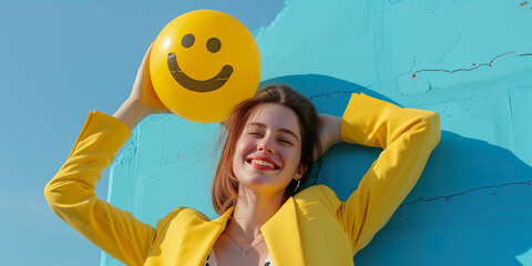 Wall Mural - Young woman in yellow blazer holding smile