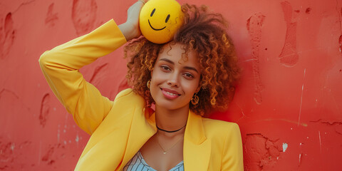 Wall Mural - Young woman in yellow blazer holding smile