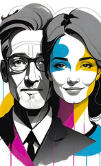 Vector illustration, pop art, man and woman looking into each other's eyes and smiling, each other, happy couple in love, backgrounds for smartphone,