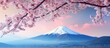 Mountain with a pink flowering tree in the foreground