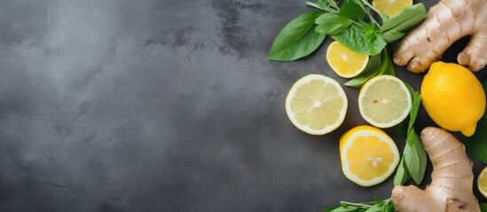 Wall Mural - A bunch of lemons and ginger on a table