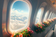 Flowers near the windows in the interior of the passenger cabin of an airplane