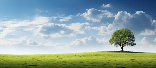 Poster - Lonely tree in vast green meadow under clear blue sky