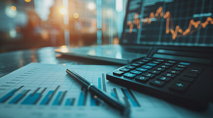 A financial market chart with a pen and calculator on the table, in a closeup of a business concept background.