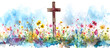 Christian cross clipart with watercolor Easter theme border and banner, perfect for religious holiday decorations and materials.