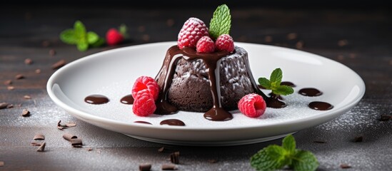 Canvas Print - Chocolate dessert with fresh raspberries and chocolate drizzle