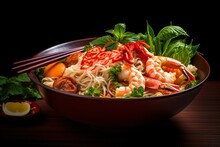 A Bowl Of Noodles With Shrimp And Vegetables
