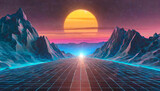 Fototapeta  - 80s synthwave styled landscape with blue grid mountains and sun over arcade space planet