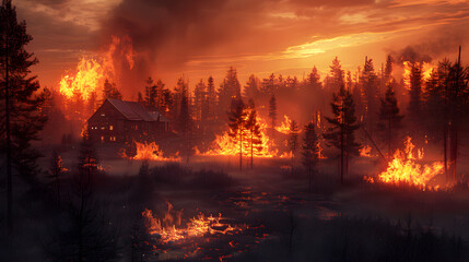 Wall Mural - burning vilage in the evening burning forest. Photoreal