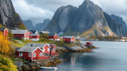 Wall Mural - Scenic Mountain Village by the Lake