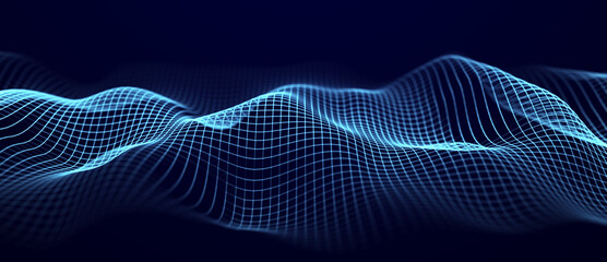 Fototapete - Abstract blue background of points and lines. Blue wave. Network or connection. Big data stream. 3d rendering