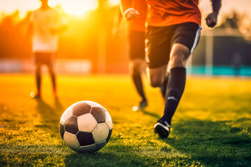 A soccer player is running towards a soccer ball on a field. The sun is shining brightly, creating a warm and inviting atmosphere