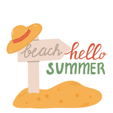 Background of a summer sea beach with a greeting.Hello, summer, a set of elements in the sand. The pointer is the beach, the hat.