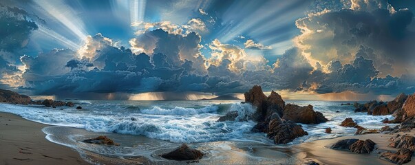 Wall Mural - waves crashing on rocky shores under a dramatic sunset sky with penetrating sun rays and dynamic cloud