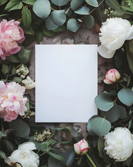Wall Mural - Blank greeting card in frame of white and pink peony flowers. White sheet of paper on natural flat lay background of peonies and foliage. Wedding invitation mock up. Top view template with copy space.