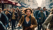 A woman runs through a crowd of people on a busy street. The scene is chaotic and bustling, with many people walking and running in different directions. The woman is in a hurry