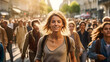 A woman is walking down a crowded street with a backpack. She is smiling and she is enjoying the bustling atmosphere