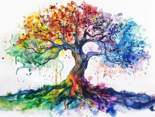 Wall Mural - A vibrant and multicolored tree depicted in a painting against a clean white background