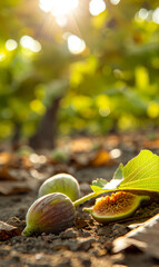 Canvas Print - A sunlit fig lies amidst leaves on the soil.