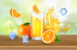Orange juice drink glass Advertising banner ads with splashing beverage. Orange fruits, ice cubes on bokeh nature background