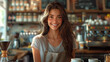 young smiling happy female barista in apron serving a cup of coffee to go at the bar counter of a cafe, woman, girl, coffee shop, drink, restaurant, employee, waiter