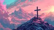 A cross stands atop a mountain under a vividly colored sky