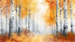 Watercolor painting illustration of abstract birch trees in forest