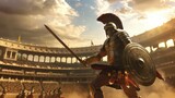 Fototapeta Natura - Gladiator in an ancient arena created with Generative AI