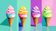 Sabores Helados: Ilustración de Deliciosos Conos de Helado, con Cremas de Vainilla y Caramelo, Adornados con Frutas Congeladas, Un Icono Apetitoso de Postre en Tonos Rosados