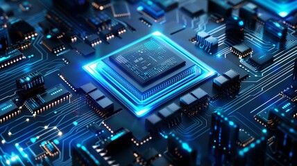 Poster - Close-up view of a modern GPU card with circuit and colorful lights and details 3D rendering
