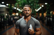 Fitness Trainer Holding Deodorant Bottle, Jim Gym Background