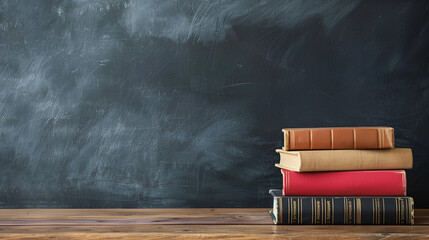 Books stack and open book on glass desk. Back to School Concept with Books on Top of Each Other Agains Blackboard in 4K Resolution, Generative Ai