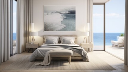 an elegant bedroom with bedding and art in the style of light gray and light beige