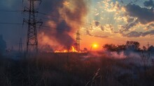 Early Stages Of A Grass Fire In A Park Glade, With Smoke Beginning To Obscure Power Lines And The Sun Setting In The Background.
