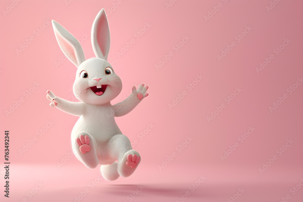 Cute cartoon happy bunny character jumping on pink background, adorable ...