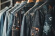 Close-up of Trendy Denim Jackets Hanging on Rack, Perfect for Fashion and Retail Themes