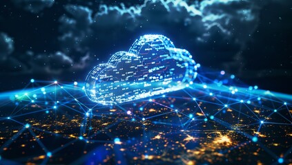 A glowing cloud symbolizing the global network of binary code and data, representing digital clouds in an abstract blue background Generative AI