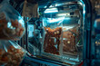 On board space station, ship, zero gravity, cosmic delicacies, food a packet of dried ingredients floats, ordinary ingredients into extraordinary dishes, cooking