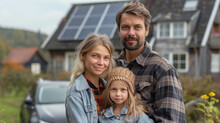 Family With Little Girl Standing In Front Of Their House With Solar Panels On The Roof, Having Electric Car.