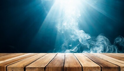 Poster - empty wooden table with smoke float up on bright background