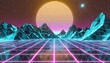 80s retro futuristic sci fi retrowave vj videogame landscape neon lights and low poly terrain grid stylized vintage vaporwave 3d illustration background with mountains sun and stars